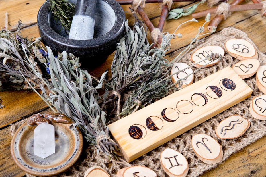 Moon Phases and astrological symbols with herb witch mortar and pestle